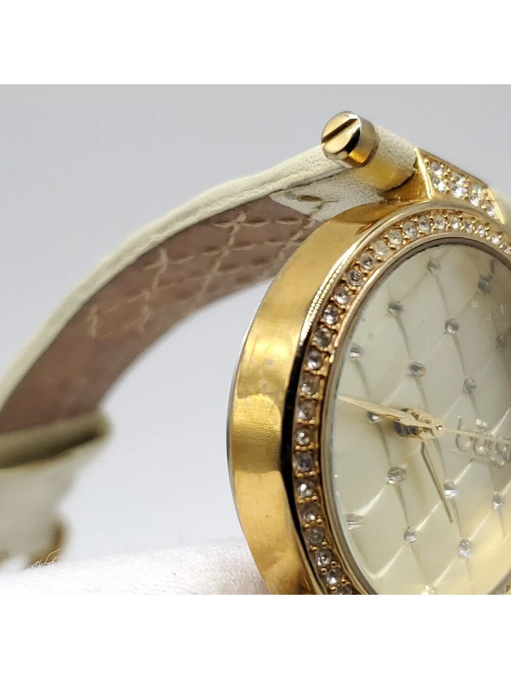 Burgi Quartz Womens Watch 31mm Gold Tone Rhinestone Bezel New Battery